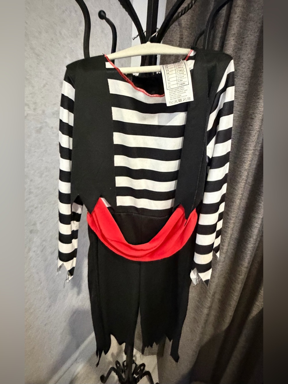 Black & White Striped Pirate Costume with Red Sash. Size 3-4 toddler